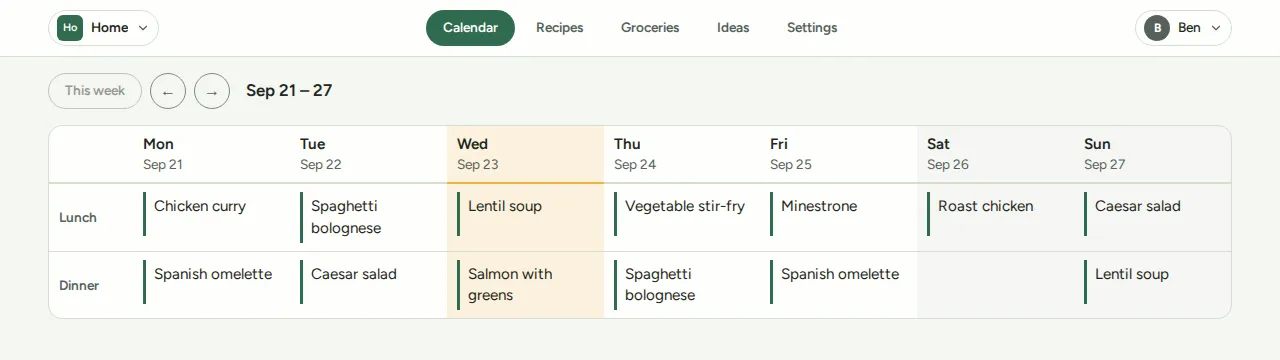 Wenu’s weekly calendar, with lunch and dinner planned for each day